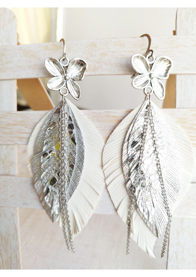 leather feather earrings white  flower connector , genuine leather jewelry 