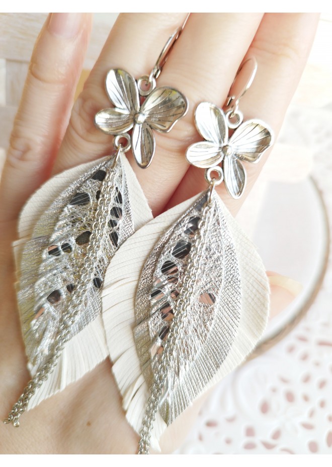 leather feather earrings white  flower connector , genuine leather jewelry 
