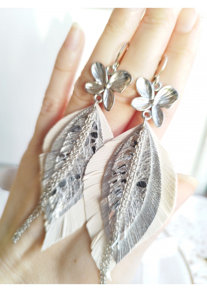 leather feather earrings white  flower connector , genuine leather jewelry 
