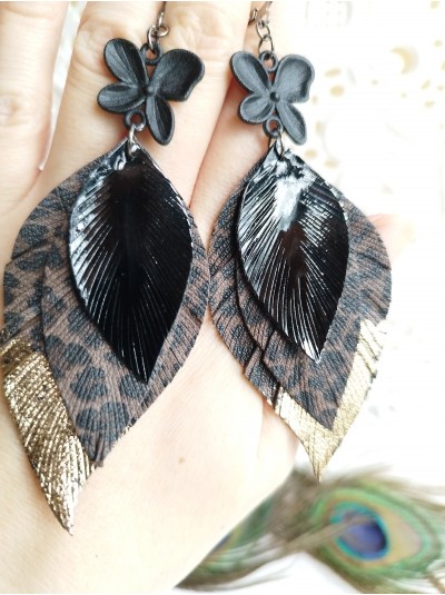 black brown leopard leather feather earrings.