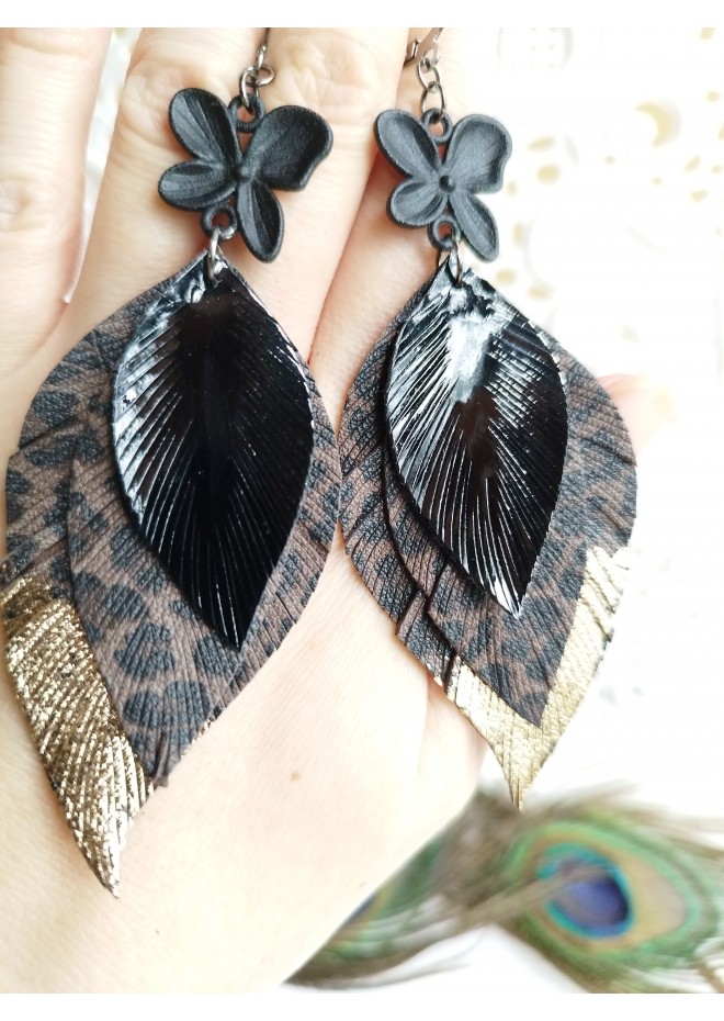 dark brown  black leather feather earrings black flower connector , genuine leather jewelry 