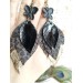 dark brown  black leather feather earrings black flower connector , genuine leather jewelry 