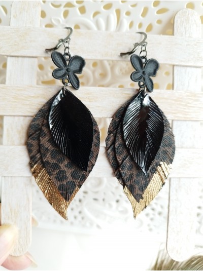 black brown leopard leather feather earrings.