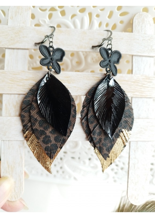 dark brown  black leather feather earrings black flower connector , genuine leather jewelry 
