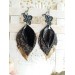 dark brown  black leather feather earrings black flower connector , genuine leather jewelry 