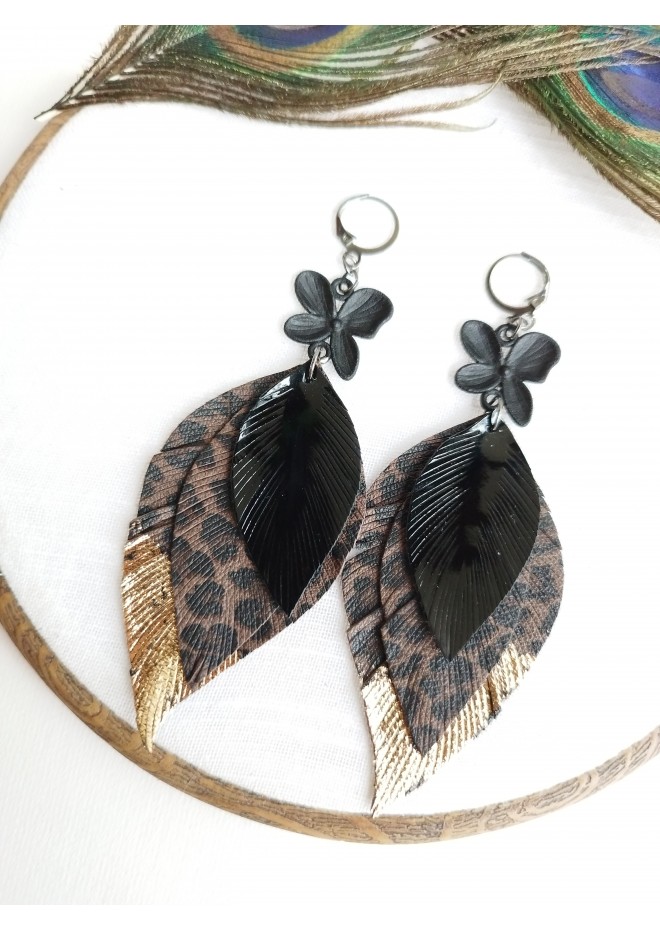 dark brown  black leather feather earrings black flower connector , genuine leather jewelry 