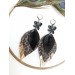 dark brown  black leather feather earrings black flower connector , genuine leather jewelry 