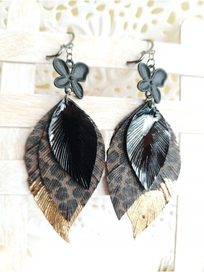 black brown leopard leather feather earrings.