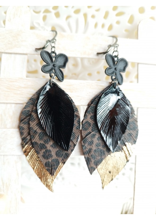 dark brown  black leather feather earrings black flower connector , genuine leather jewelry 
