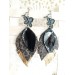 dark brown  black leather feather earrings black flower connector , genuine leather jewelry 