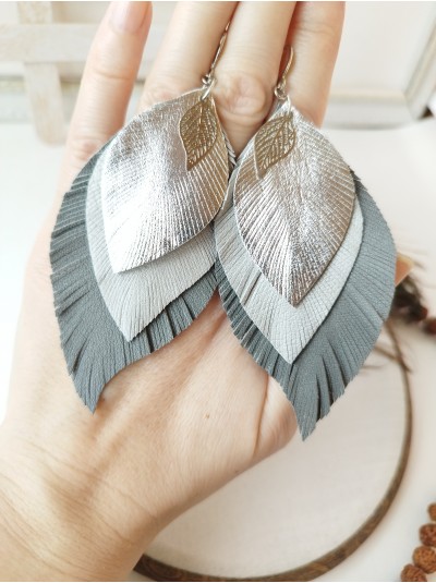 Gray silver leather feather earrings handmade genuine leather jewelry 