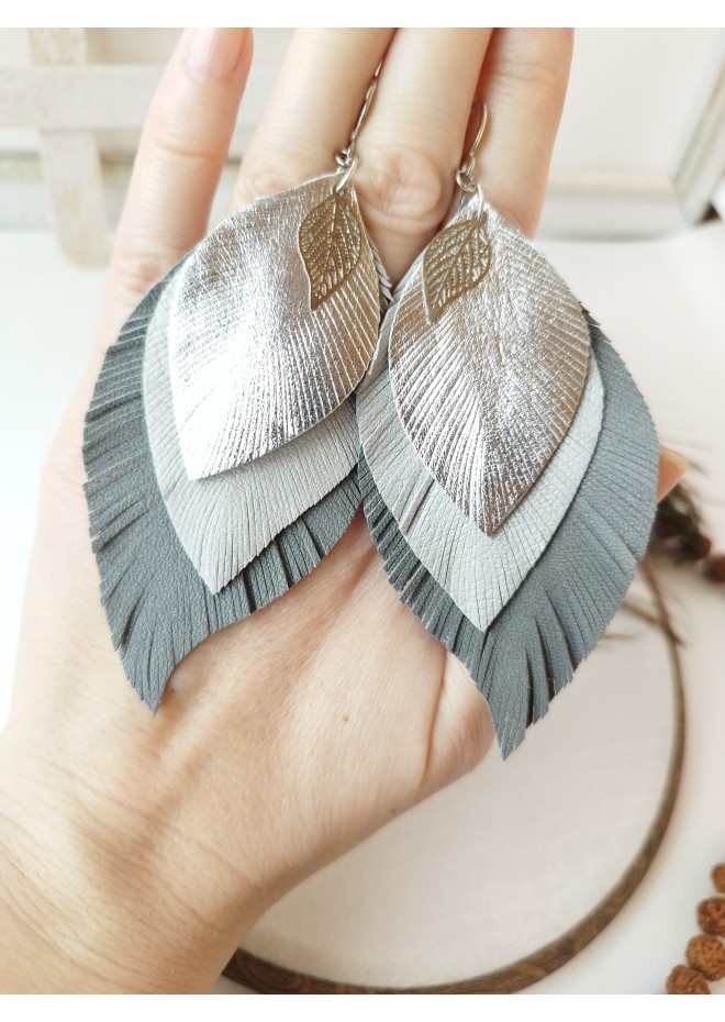 gray shades leather feather earrings genuine leather jewelry 