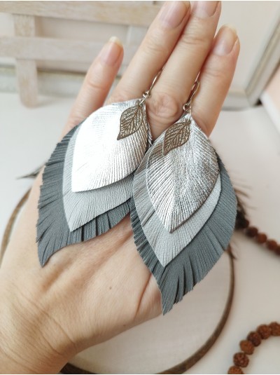 Gray silver leather feather earrings handmade genuine leather jewelry 