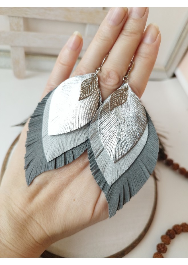 gray shades leather feather earrings genuine leather jewelry 