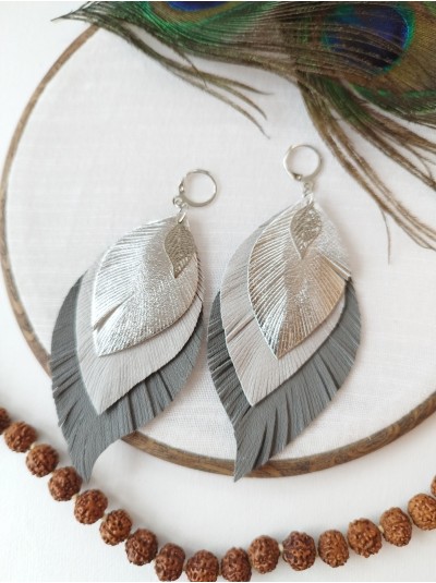 Gray silver leather feather earrings handmade genuine leather jewelry 