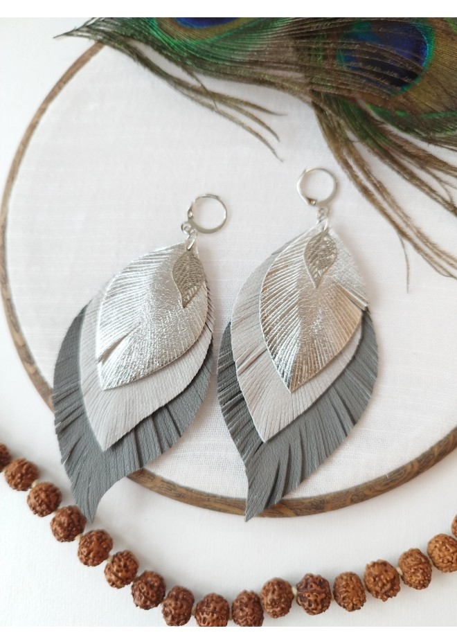 gray shades leather feather earrings genuine leather jewelry 