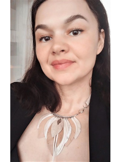 Soft beige leather feather necklace, bib evening jewelry 
