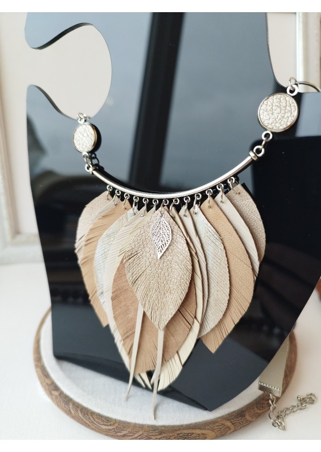 beige sand leather feather necklace