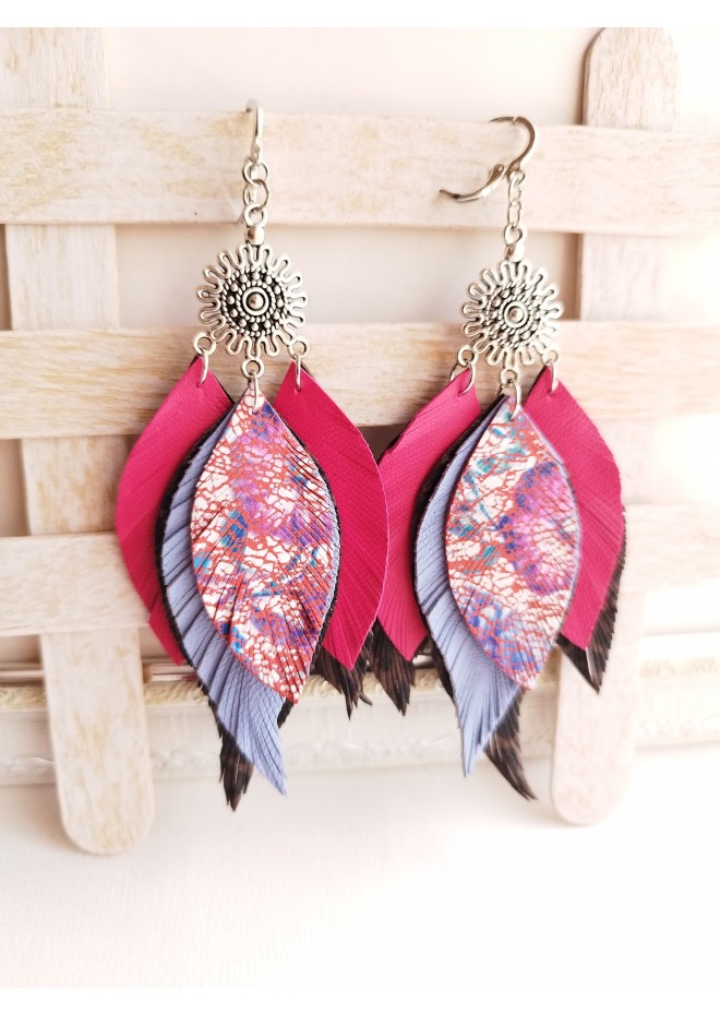 hot pink lilac leather feather earrings silver connector , genuine leather jewelry 