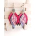 hot pink lilac leather feather earrings silver connector , genuine leather jewelry 