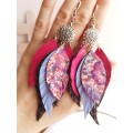 hot pink lilac leather feather earrings silver connector , genuine leather jewelry 