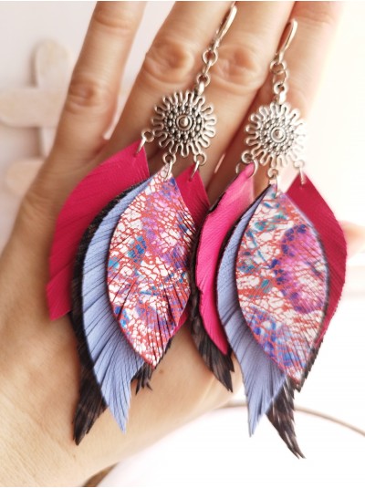 Multi color pink lilac leather feather earrings.