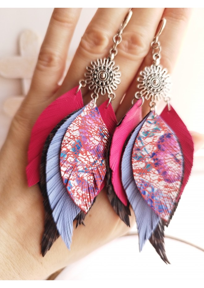 hot pink lilac leather feather earrings silver connector , genuine leather jewelry 