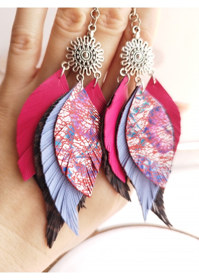 hot pink lilac leather feather earrings silver connector , genuine leather jewelry 
