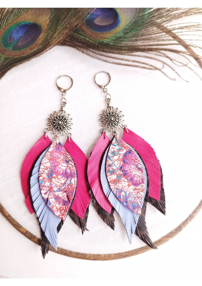 hot pink lilac leather feather earrings silver connector , genuine leather jewelry 