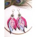 hot pink lilac leather feather earrings silver connector , genuine leather jewelry 