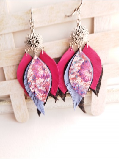 Multi color pink lilac leather feather earrings.