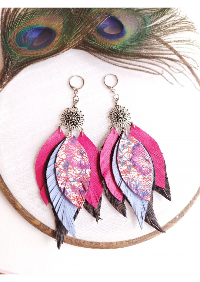 hot pink lilac leather feather earrings silver connector , genuine leather jewelry 