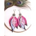 hot pink lilac leather feather earrings silver connector , genuine leather jewelry 