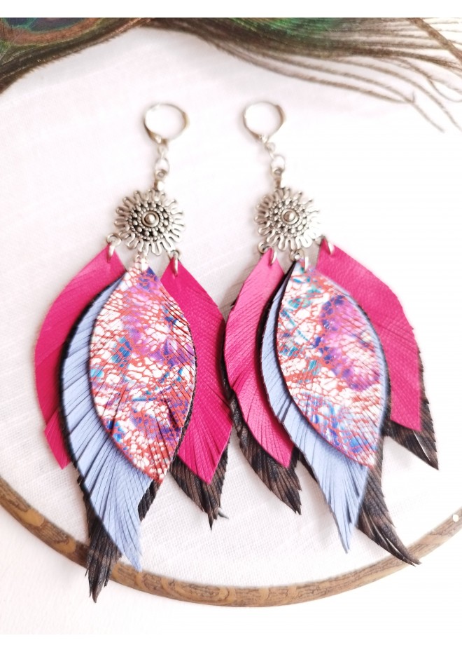 hot pink lilac leather feather earrings silver connector , genuine leather jewelry 