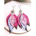 hot pink lilac leather feather earrings silver connector , genuine leather jewelry 