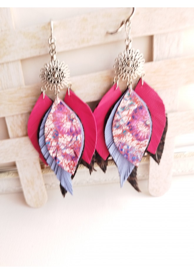 hot pink lilac leather feather earrings silver connector , genuine leather jewelry 