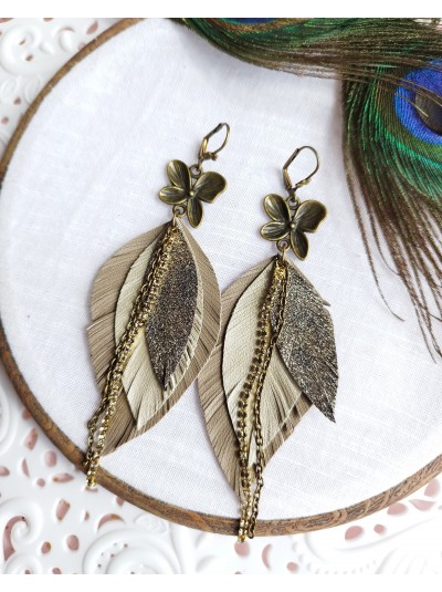 Olive leather feather earrings with chain.