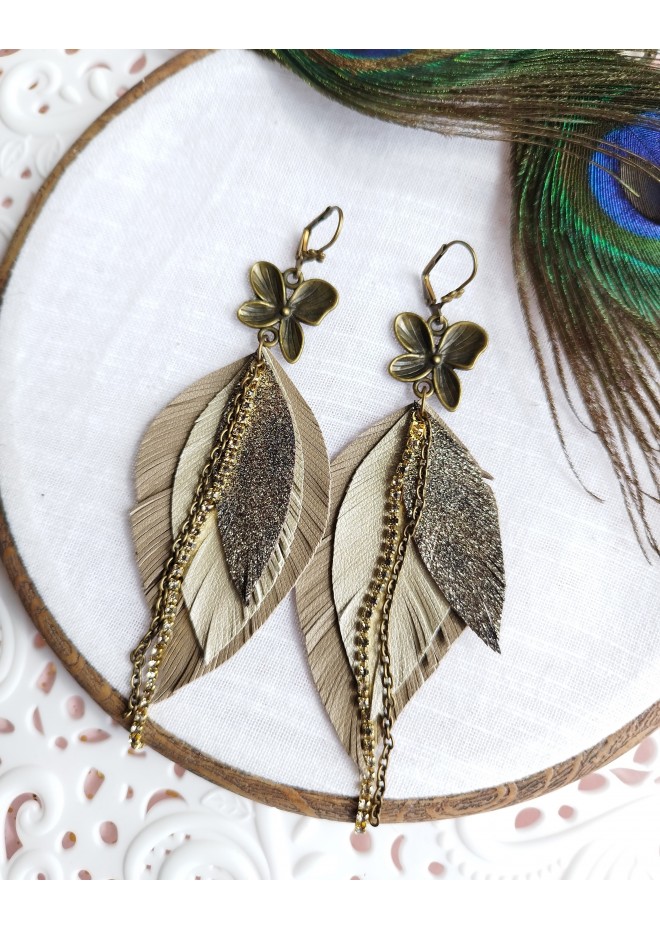  green leather feather earrings bronze flower connector , genuine leather jewelry 