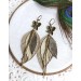  green leather feather earrings bronze flower connector , genuine leather jewelry 