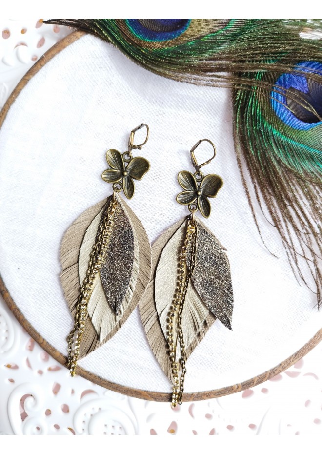  green leather feather earrings bronze flower connector , genuine leather jewelry 
