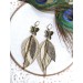  green leather feather earrings bronze flower connector , genuine leather jewelry 