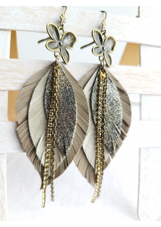  green leather feather earrings bronze flower connector , genuine leather jewelry 