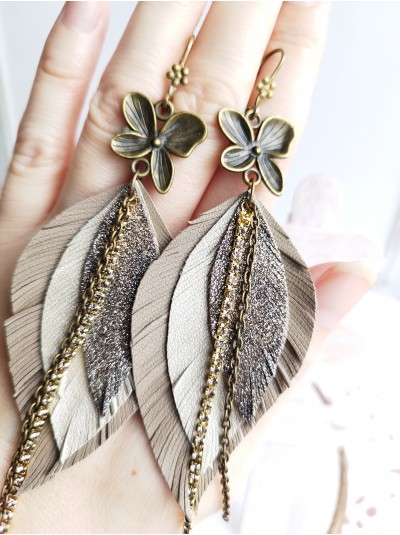 Olive leather feather earrings with chain.