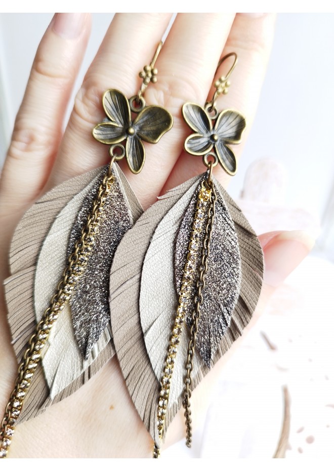  green leather feather earrings bronze flower connector , genuine leather jewelry 