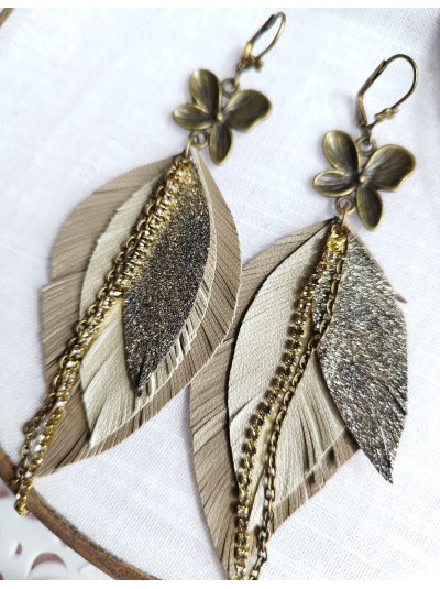 Olive leather feather earrings with chain.