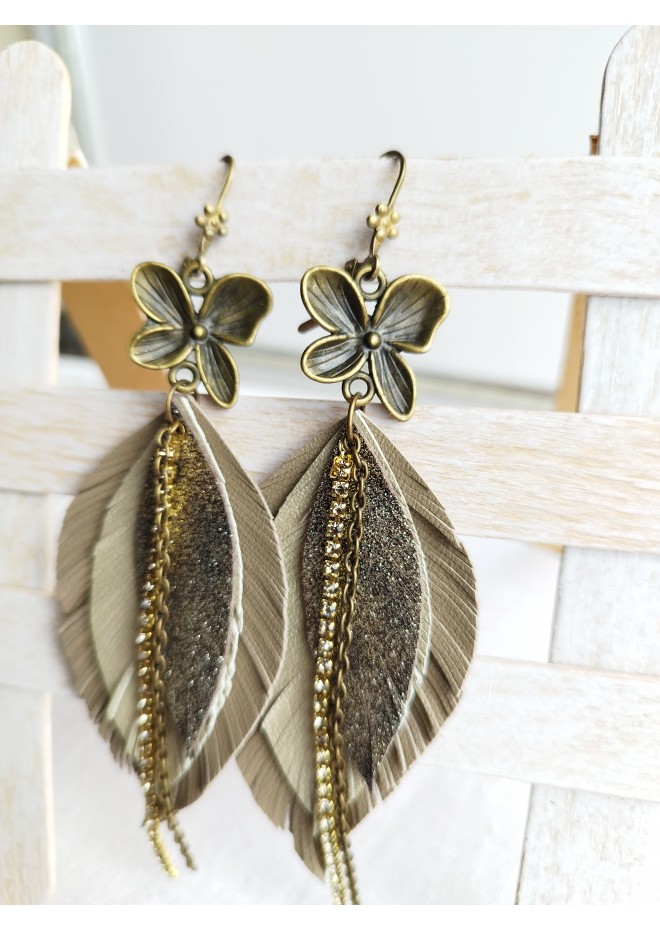  green leather feather earrings bronze flower connector , genuine leather jewelry 