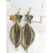  green leather feather earrings bronze flower connector , genuine leather jewelry 