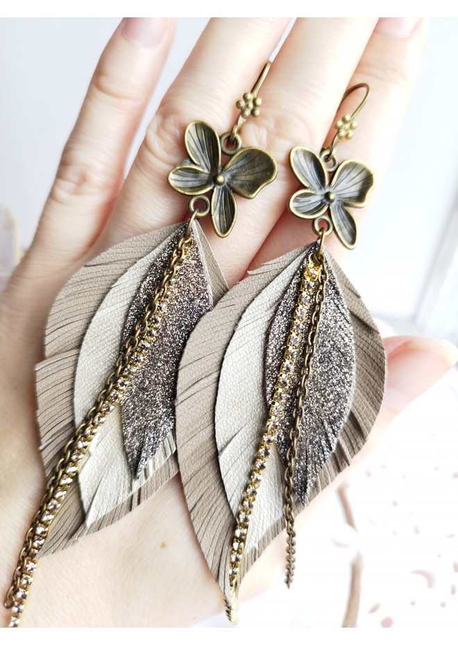  green leather feather earrings bronze flower connector , genuine leather jewelry 