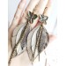  green leather feather earrings bronze flower connector , genuine leather jewelry 
