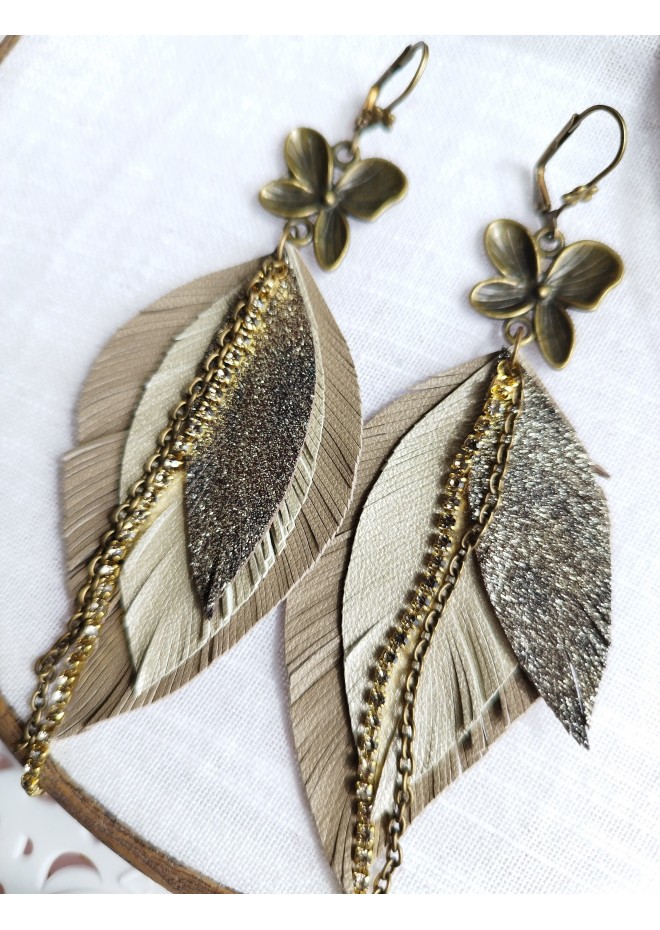  green leather feather earrings bronze flower connector , genuine leather jewelry 